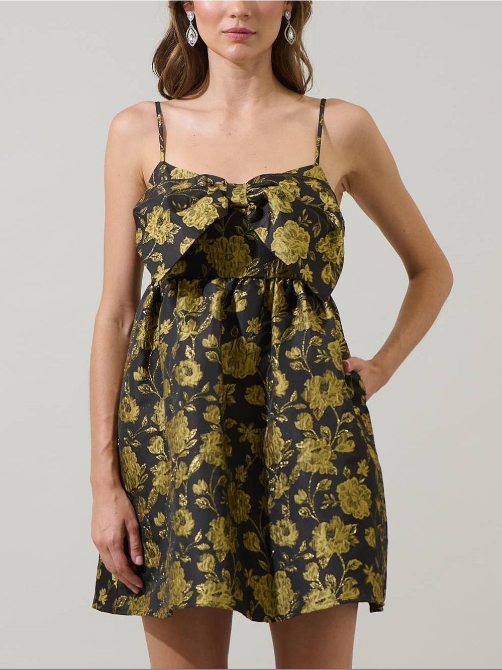 Sugarlips Black Mini Dress with Gold Floral Brocade